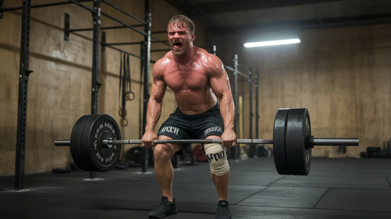 Detailed illustration of a person engaging in intense exercise in a gym, pushing through visible physical strain despite an injury, serious mood reflecting exercise addiction.