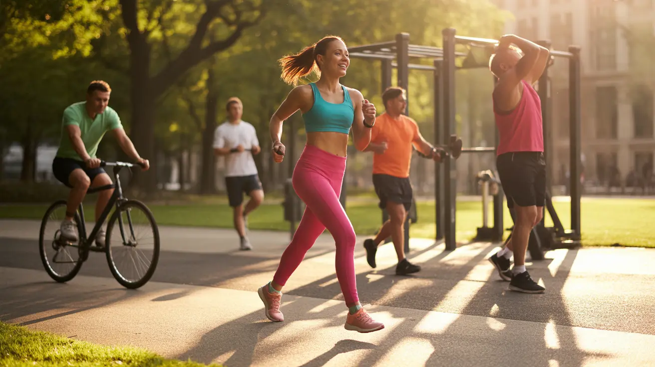 Diverse group exercising in park or gym, activities include walking, cycling, and strength training, captured in bright daylight conveying motion and energy