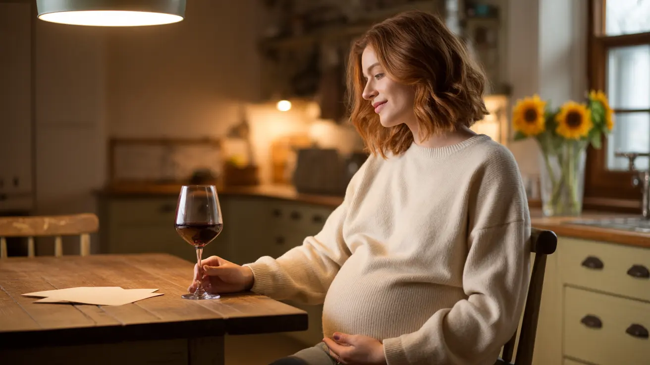 Illustration of an expectant mother looking thoughtfully at a glass of red wine on a kitchen table in a warm, softly lit atmosphere