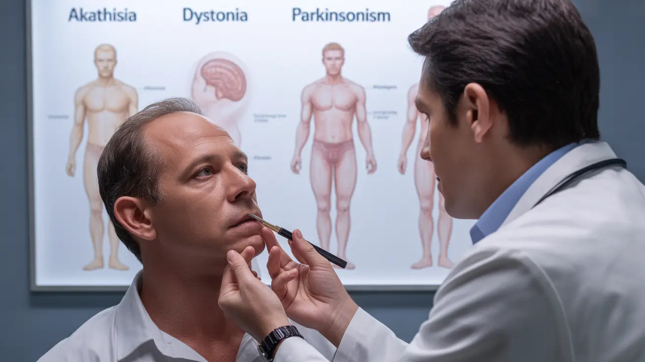 Detailed illustration in a clinical setting showing patients with akathisia, dystonia, parkinsonism, and tardive dyskinesia, labeled for clarity.