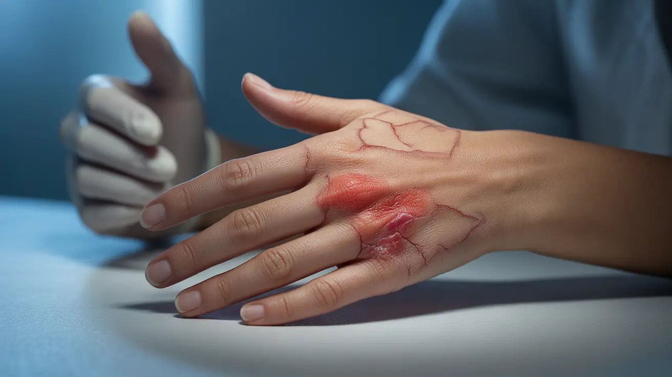 Detailed illustration showing skin with extreme dryness, cracks in geometric patterns, and redness, set against a neutral background.