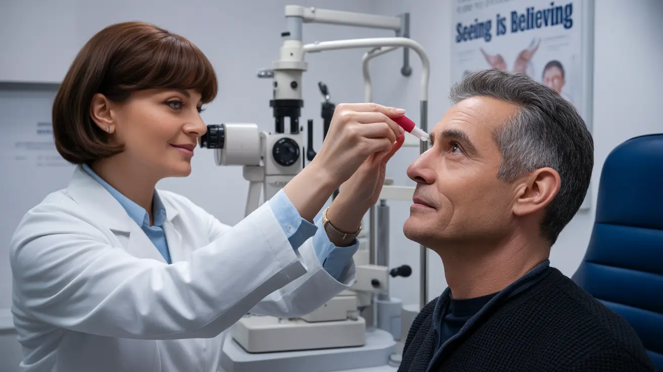 Detailed illustration of an eye care professional applying numbing eye drops to a patient in a bright clinical examination room, featuring medical equipment in the background.