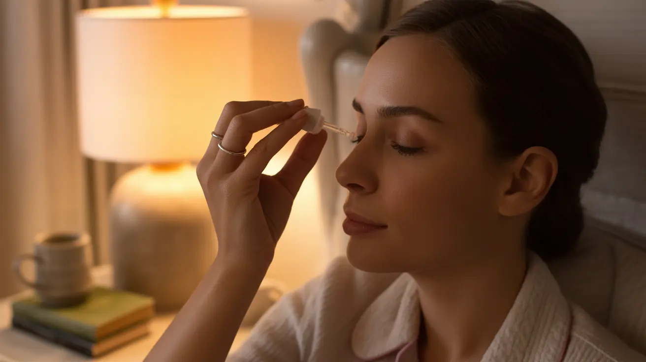 Detailed illustration of a person in a cozy bedroom applying eye drops before bed, warm light creating an inviting atmosphere