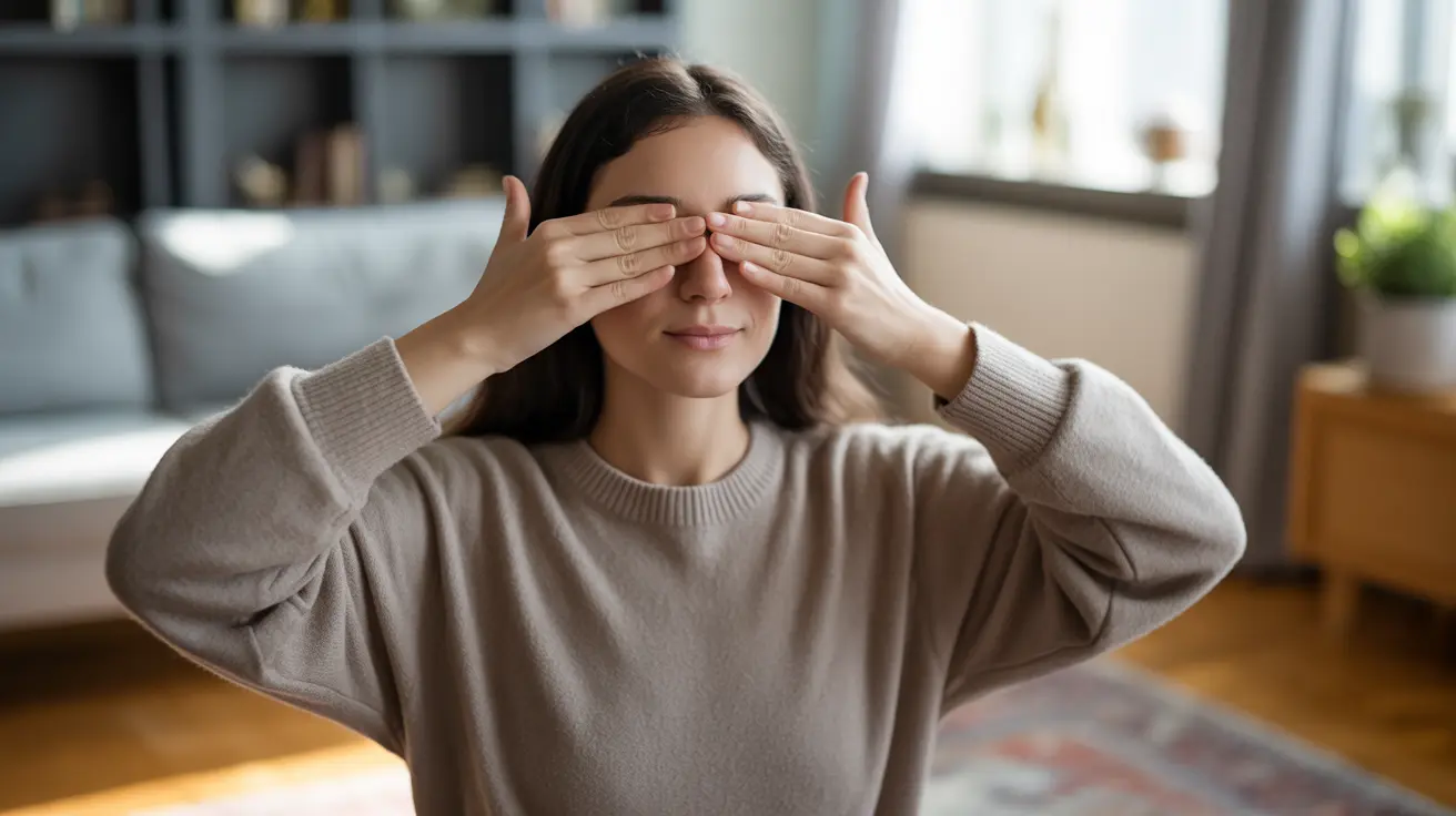 Person in a calm indoor setting performing the palming eye yoga exercise by covering their closed eyes with their palms, peaceful and relaxed mood.