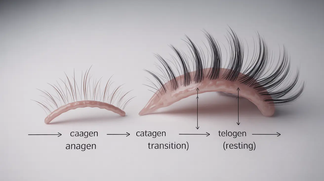 Detailed illustration of the eyelash growth cycle showing the phases: anagen, catagen, and telogen, on a clean white background with labels