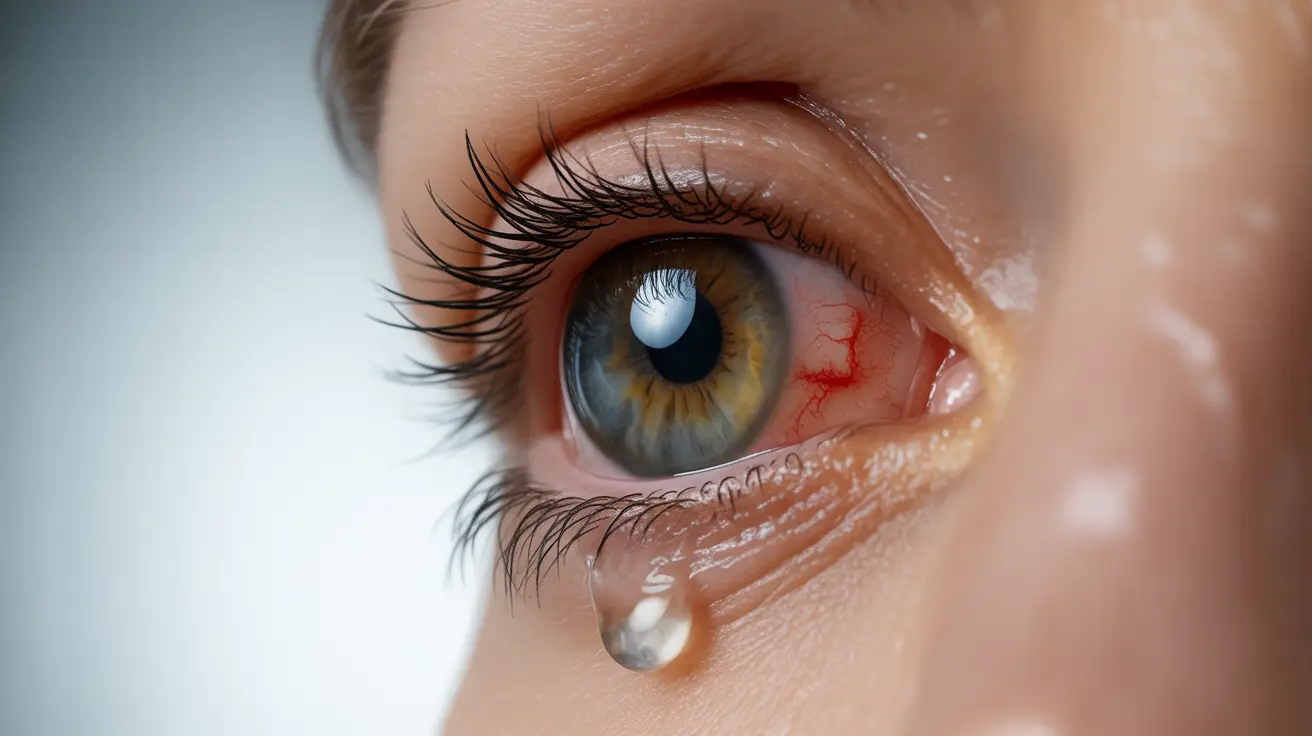 Detailed illustration, close-up of a human eye with eyelid inflammation and ingrown eyelashes, showing symptoms like redness and swelling, bright clinical lighting, educational and clear mood, suitable for understanding medical conditions.