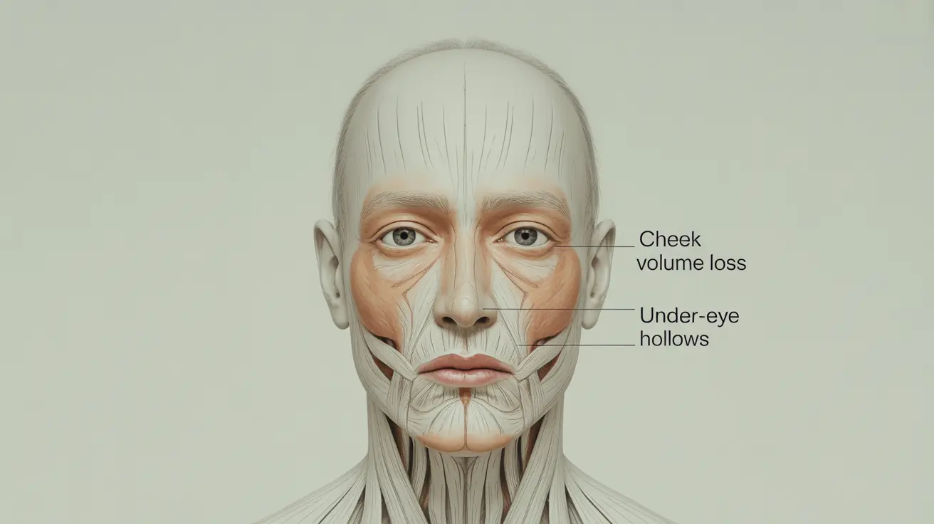 Detailed illustration of facial anatomy highlighting areas of volume loss, showing sunken features like cheeks and under-eyes, against a neutral clinical background