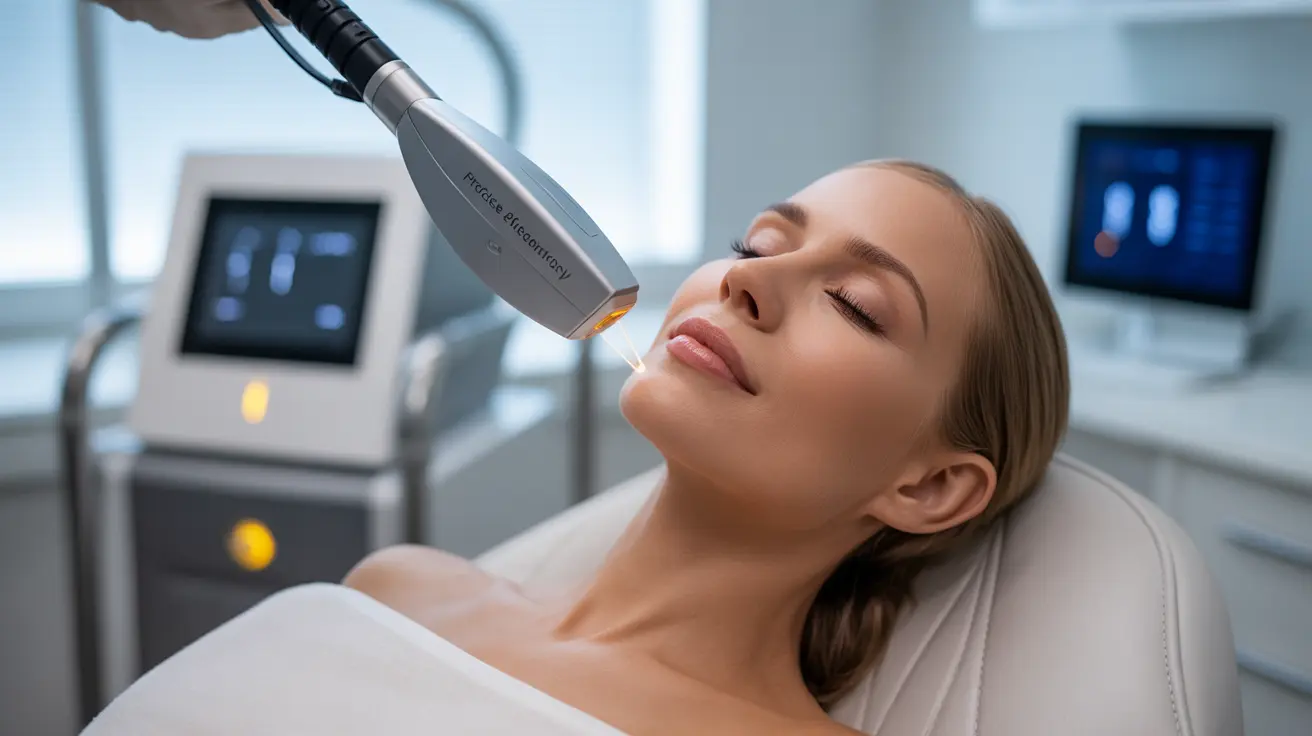 Detailed illustration of a facial laser hair removal procedure, showing a woman's face with a laser beam aimed at hair follicles in a bright clinical room