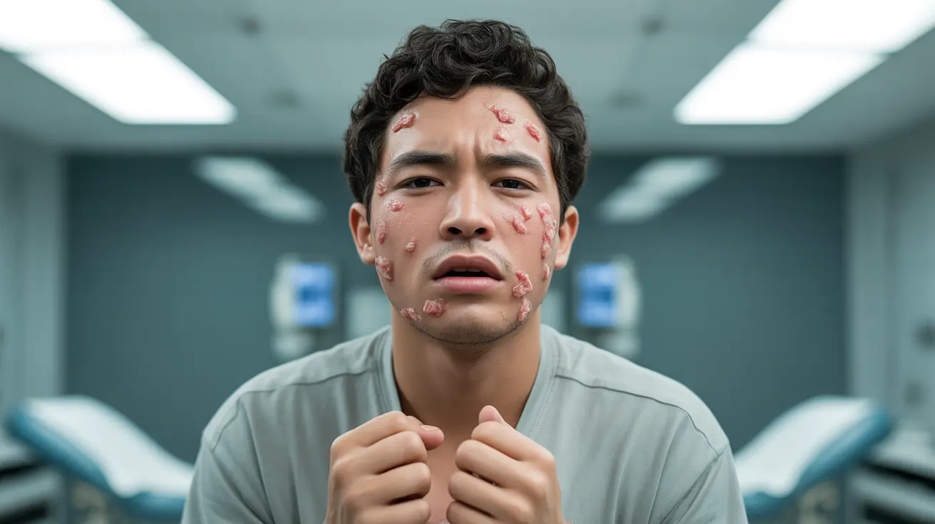 Young adult with facial swelling, redness, and hives indicating a nut allergy reaction in a bright clinical setting