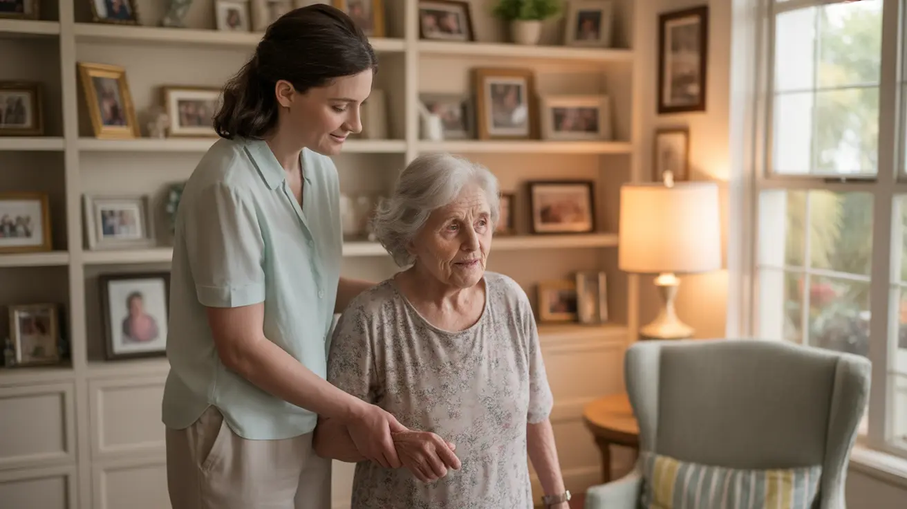 Family caregiver assisting an elderly dementia patient with daily activities in a cozy living room filled with family photos