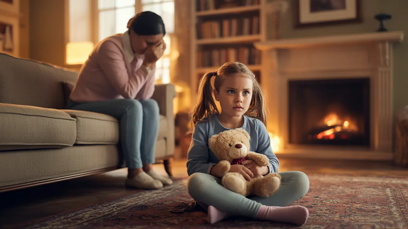 Detailed illustration of a family in a cozy living room, a child looking concerned while a parent exhibits signs of emotional distress.