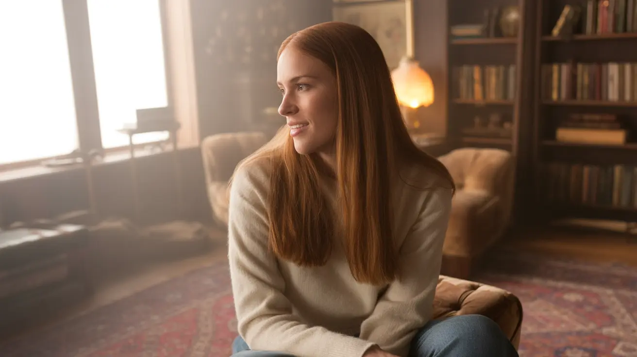 Person sitting on a couch looking contemplative in a cozy living room, capturing an atmosphere of emotional vulnerability and self-awareness.