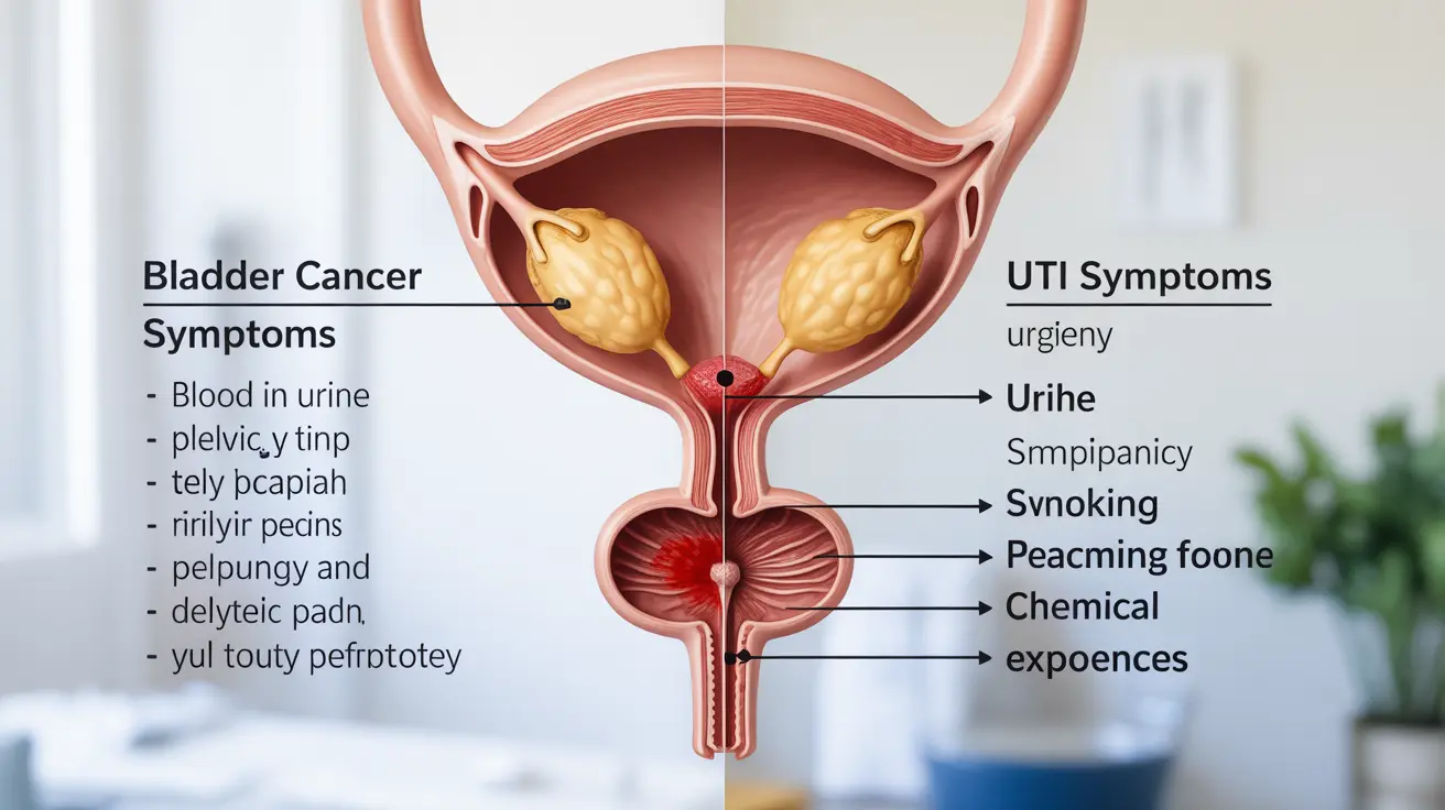 Illustration showing female anatomy with annotations for bladder cancer vs. UTI symptoms, including blood in urine and pelvic pain; infographic style