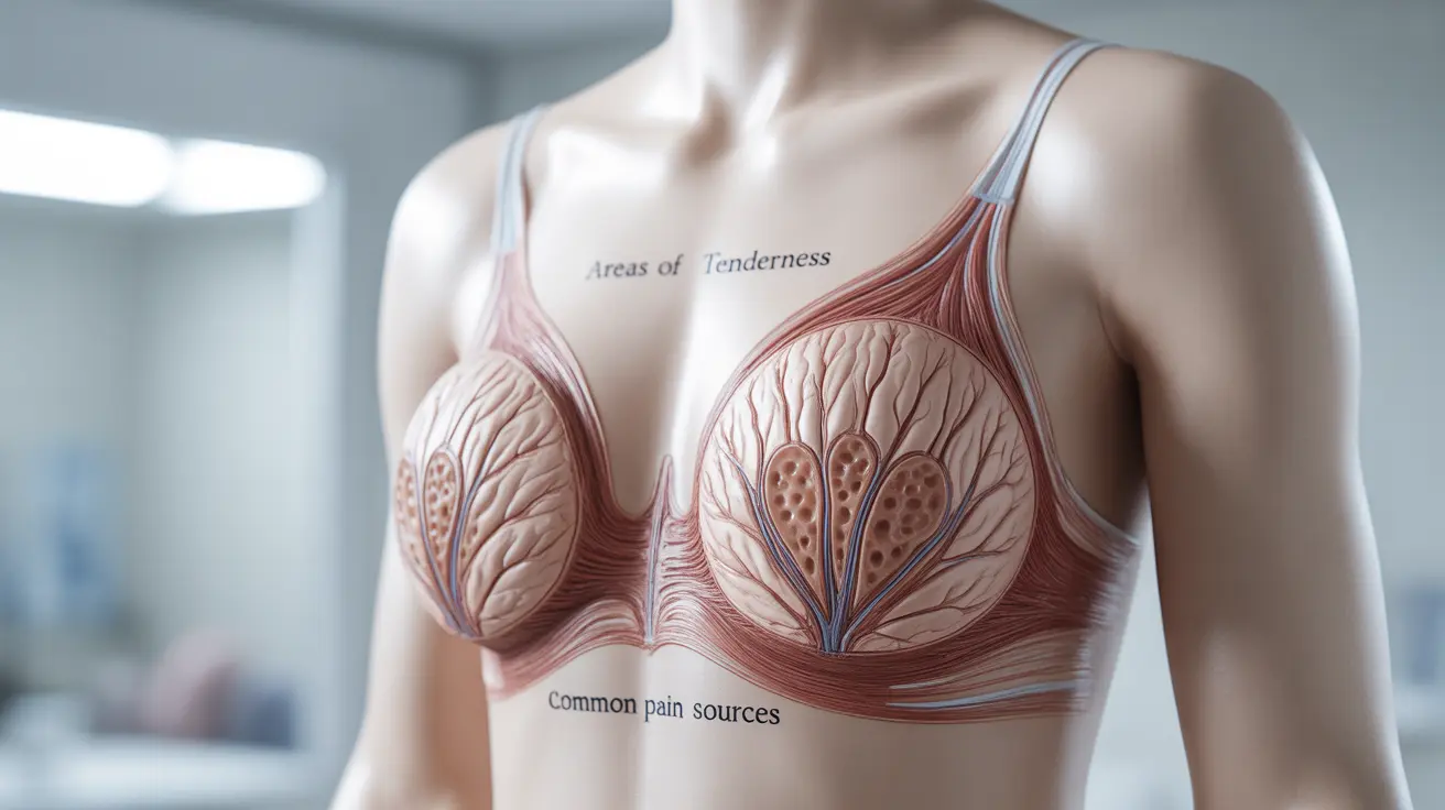 Detailed illustration of female breast anatomy, highlighting areas of tenderness and common causes of breast pain, set against a clean clinical background.