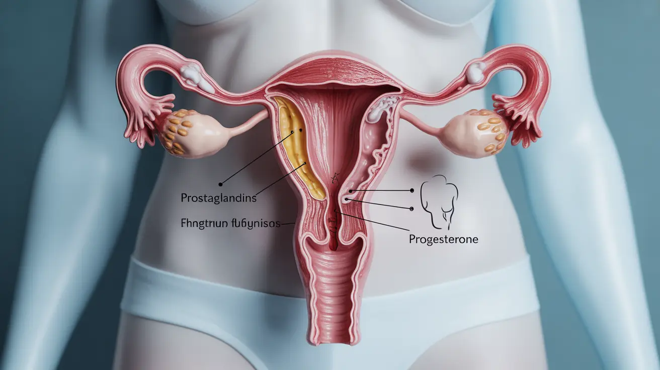 Detailed illustration of the female digestive system highlighting areas affected by hormonal changes during menstruation, with labels for prostaglandins and progesterone, set against a clean clinical background.