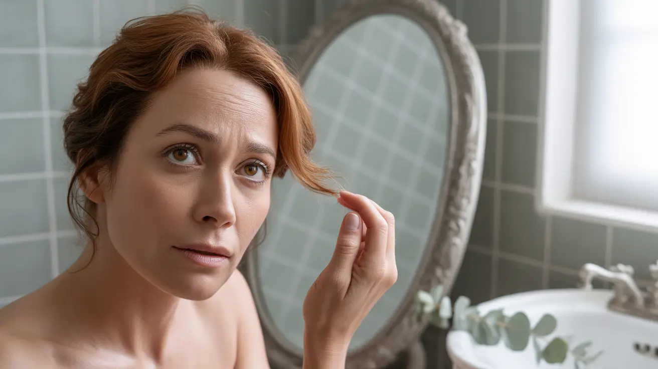 A woman in her 30s examining her scalp in a mirror with a thoughtful, concerned expression, in a well-lit bathroom setting.