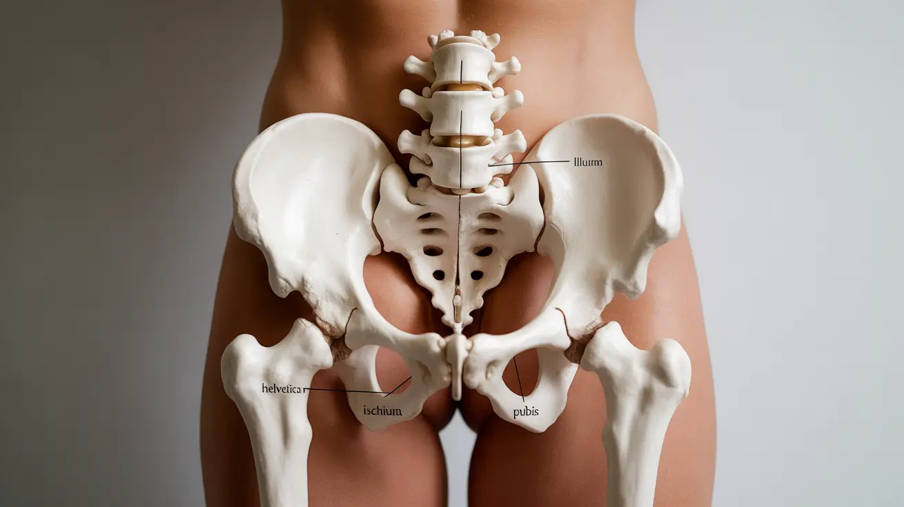 Detailed illustration, female pelvis emphasizing wide hip structure, clinical style with anatomical labels, neutral background
