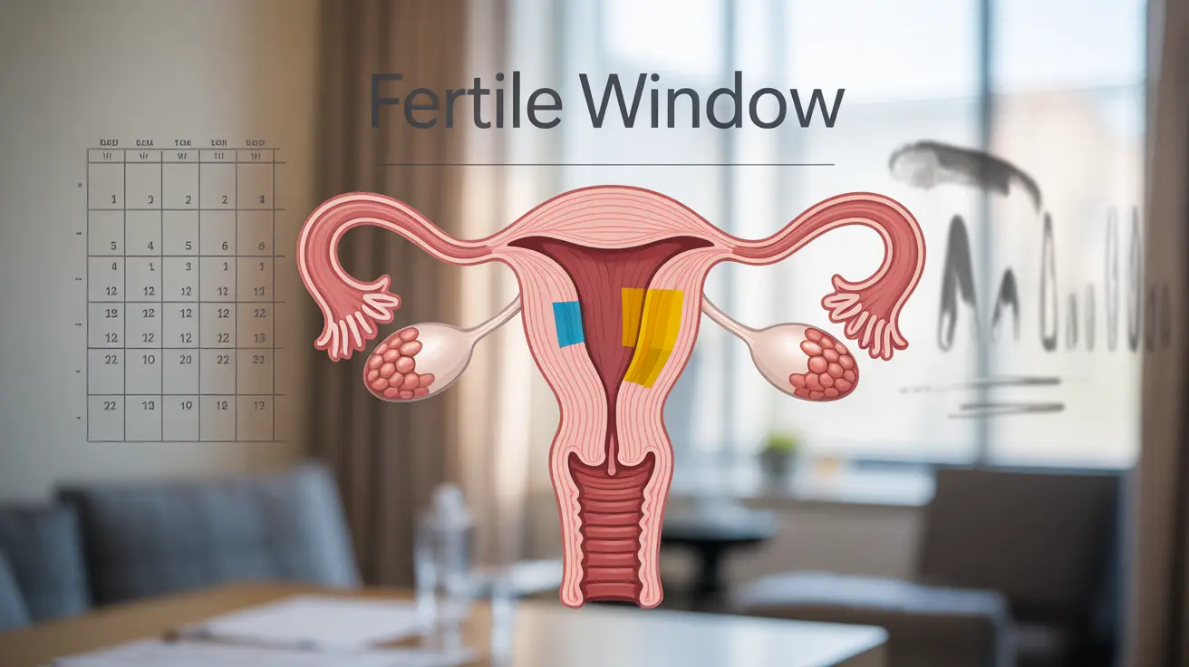 Detailed illustration showing female reproductive cycle focusing on the fertile window, with calendar elements and labeled stages of the cycle in an educational style