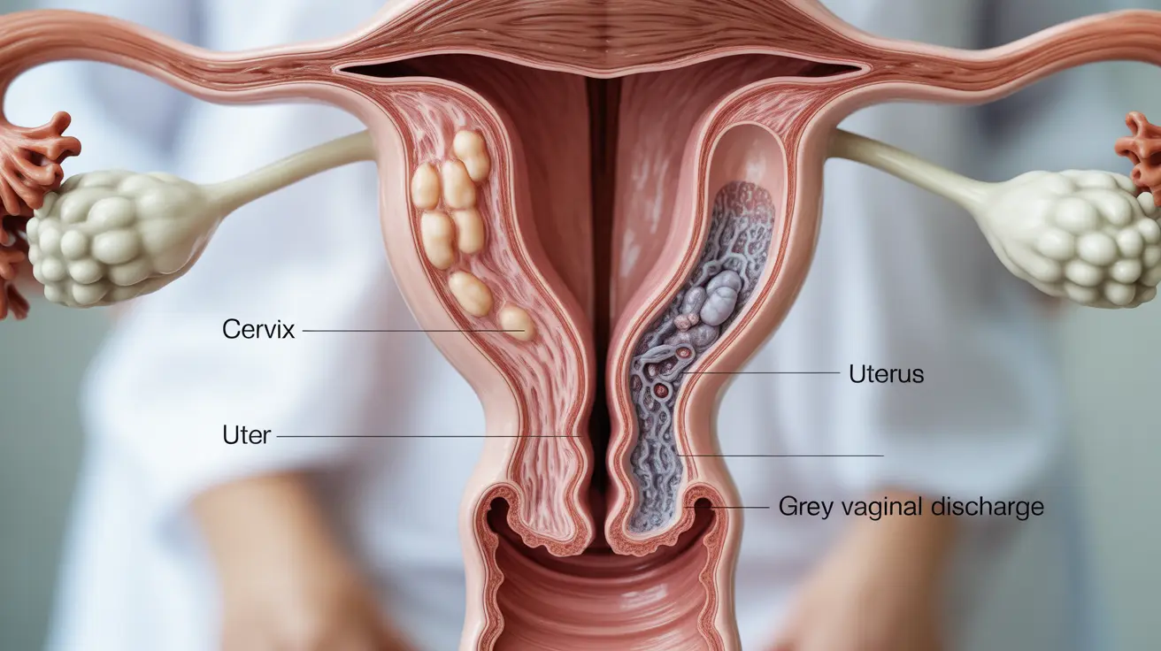 Illustration of female reproductive system showing bacterial imbalance causing grey discharge, with highlighted labels on a white background.