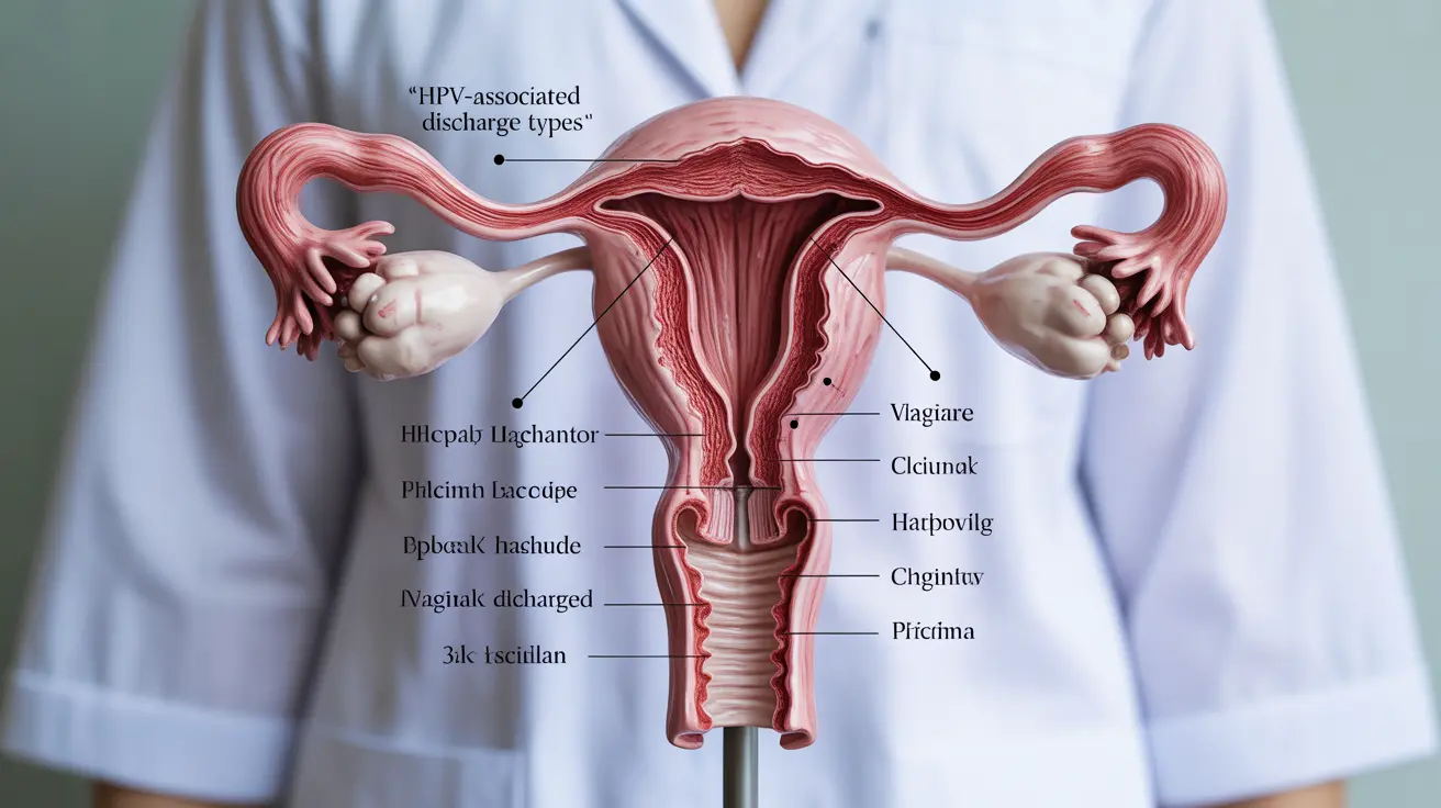 Detailed illustration of the female reproductive system focusing on the cervix, showing different types of vaginal discharge associated with HPV-related conditions.