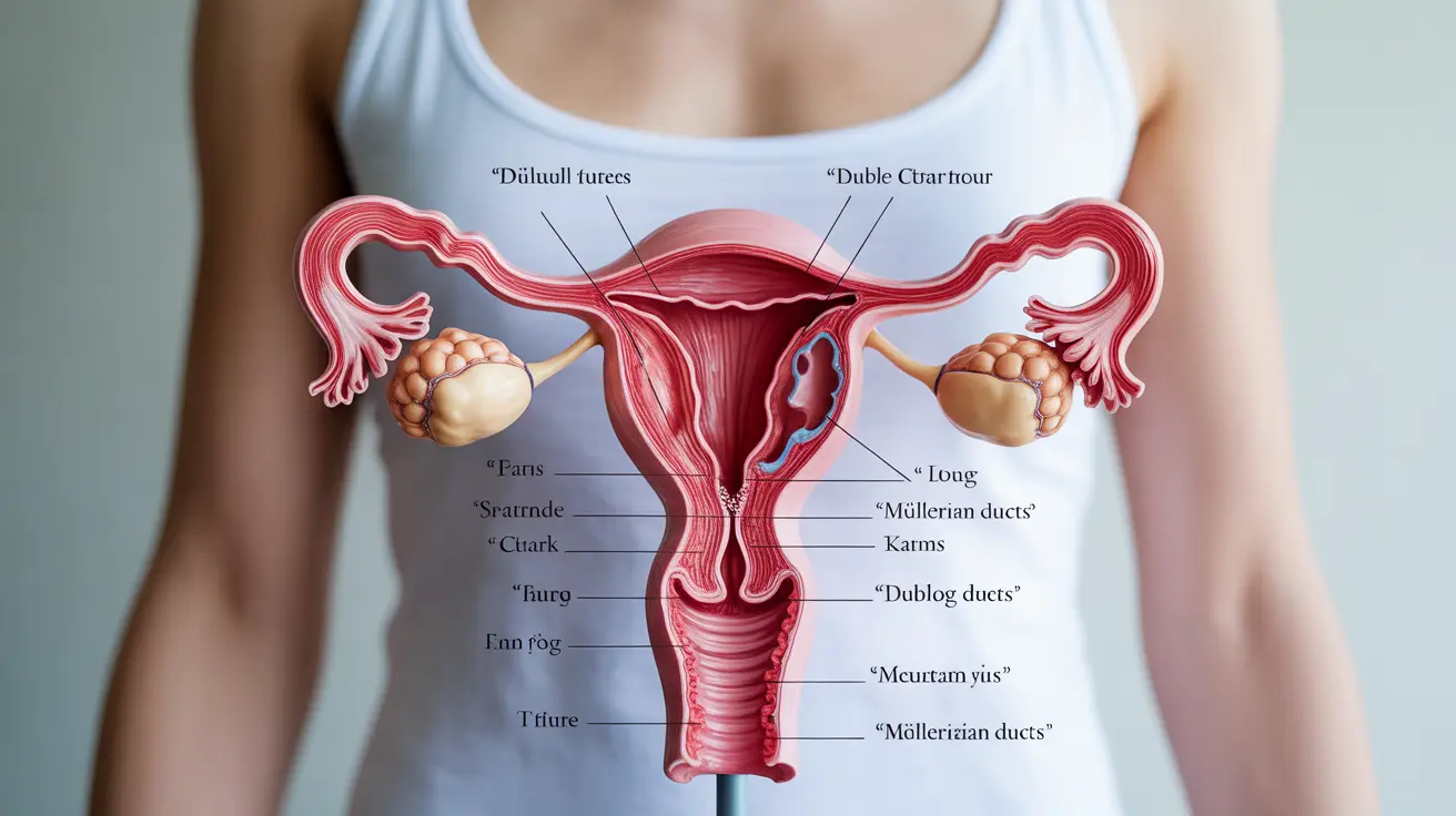 Anatomical illustration of female reproductive system with double uterus, featuring labeled separated uterine cavities and Müllerian ducts on white background