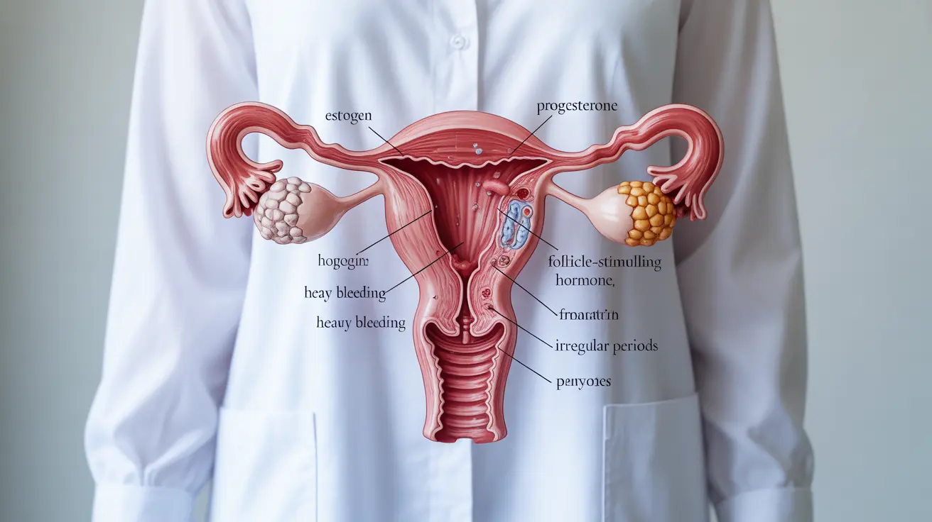 Detailed illustration of the female reproductive system highlighting the uterus, with annotated labels showing hormones involved and common symptoms of dysfunctional uterine bleeding.