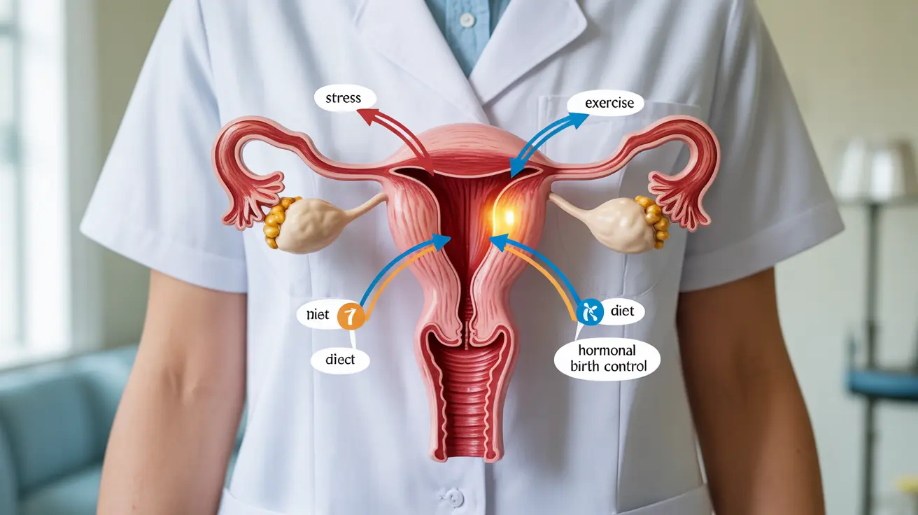 Detailed illustration of the female reproductive system highlighting hormonal regulation, set against a clinical backdrop with icons for stress, exercise, diet, and birth control effects.