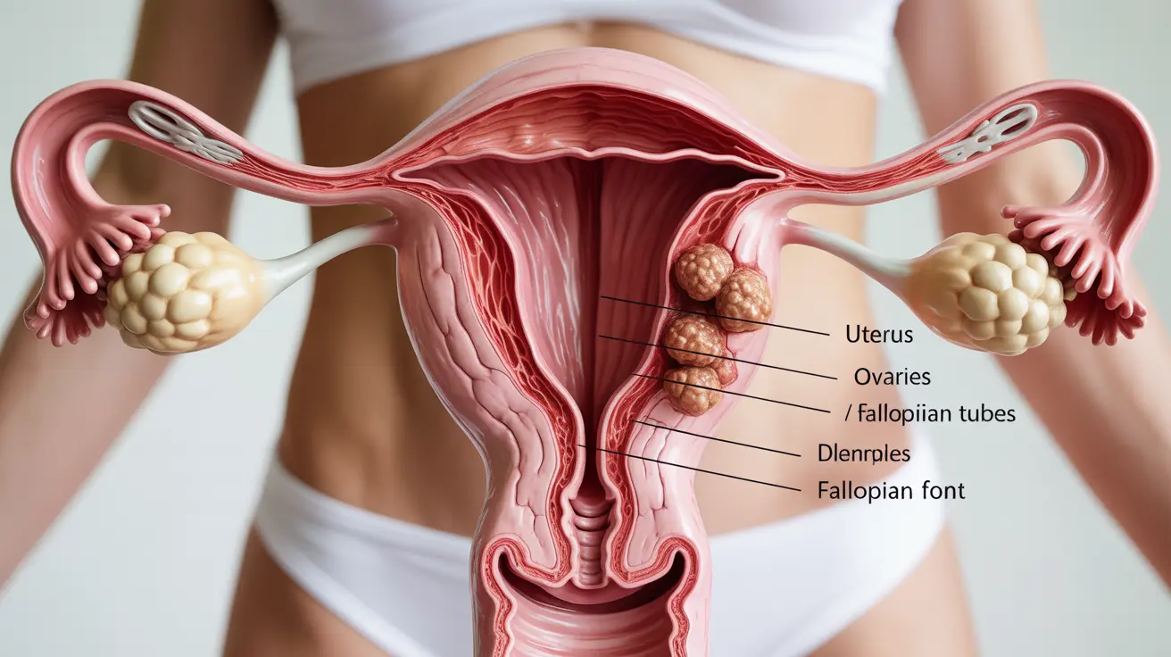 Detailed illustration of female reproductive system showing uterine fibroids and polyps with anatomical labels.
