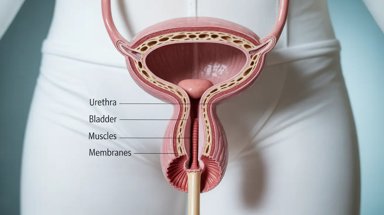 Detailed anatomical illustration of the female urethra, showcasing structure from bladder to opening, with labels indicating key features in a bright clinical setting.