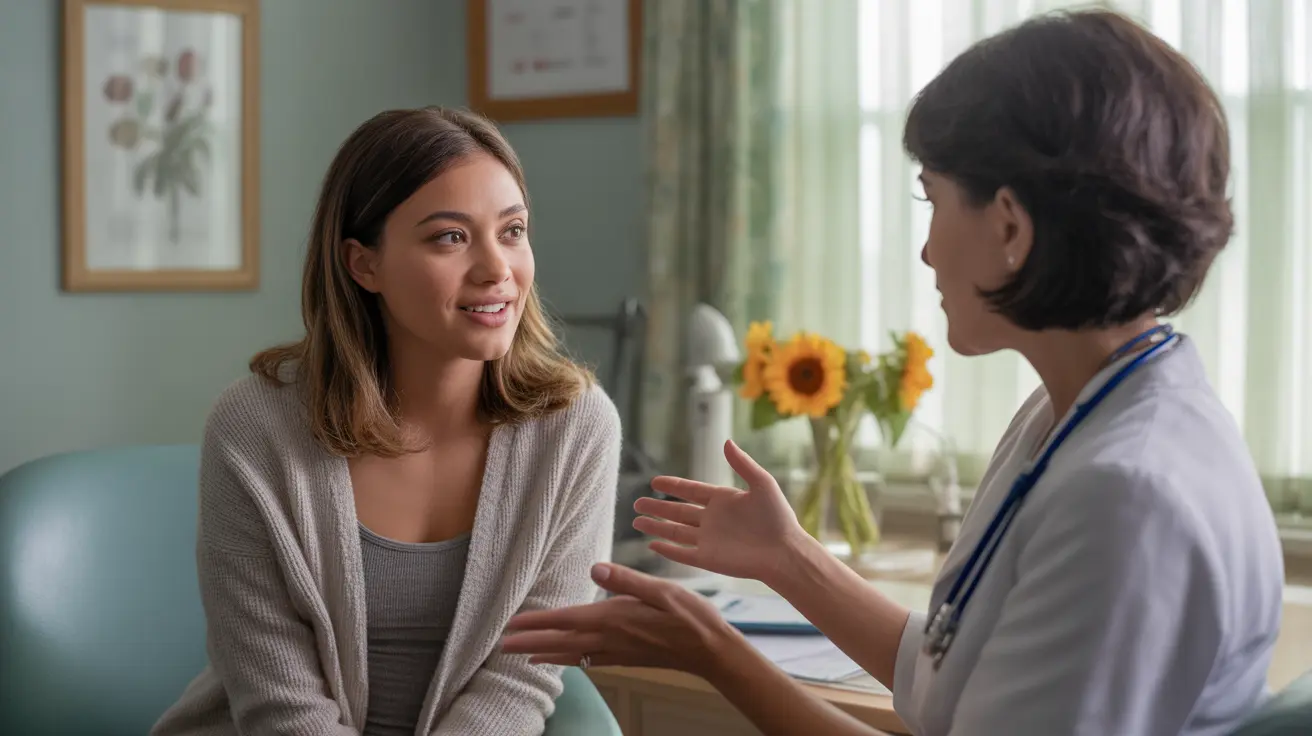Young woman discussing fertility and family planning with a healthcare professional in a bright, cheerful clinical office