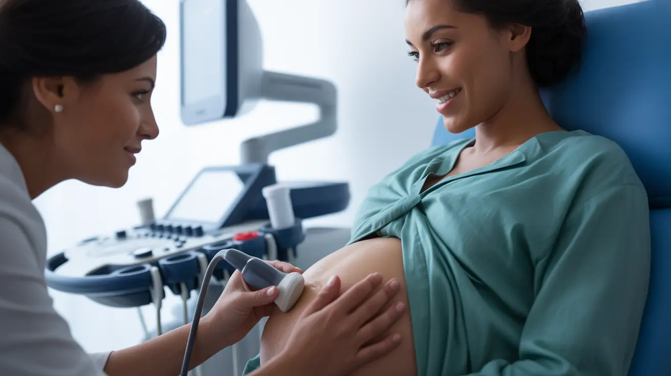Detailed illustration, medical technician applying gel on pregnant woman's abdomen, using a transducer for a fetal echocardiogram, bright clinical setting with ultrasound machine, informative and positive atmosphere.