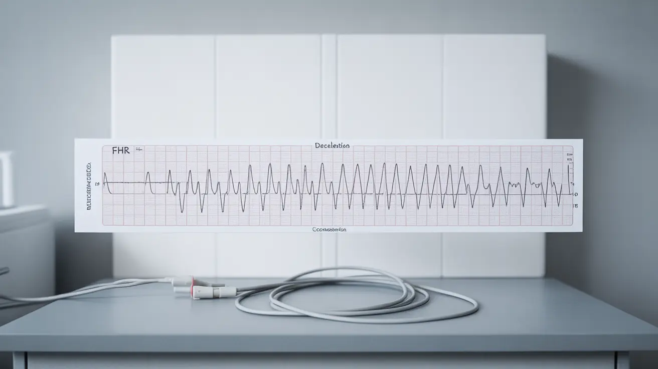 Detailed illustration, fetal heart monitoring strip showing V-shaped variable deceleration patterns, clean clinical setting with clear labels, bright clinical lighting, informative and precise mood, white background for emphasis on data accuracy.