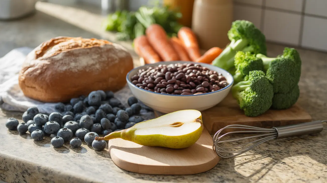 Close-up of whole grains, legumes, fruits, and vegetables on a kitchen countertop, well-lit to highlight textures and colors.