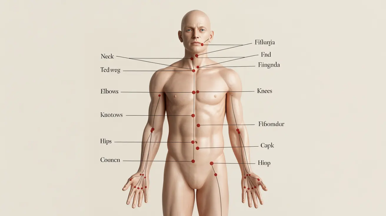 Detailed illustration of human body diagram with highlighted symmetrical tender point locations specific to fibromyalgia, labeled to educate viewers