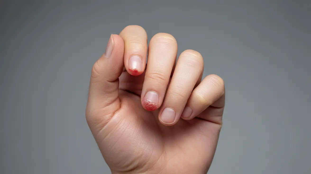 Close-up illustration showing fingernail with redness and swelling, highlighting infection, on neutral background, focused lighting detail.