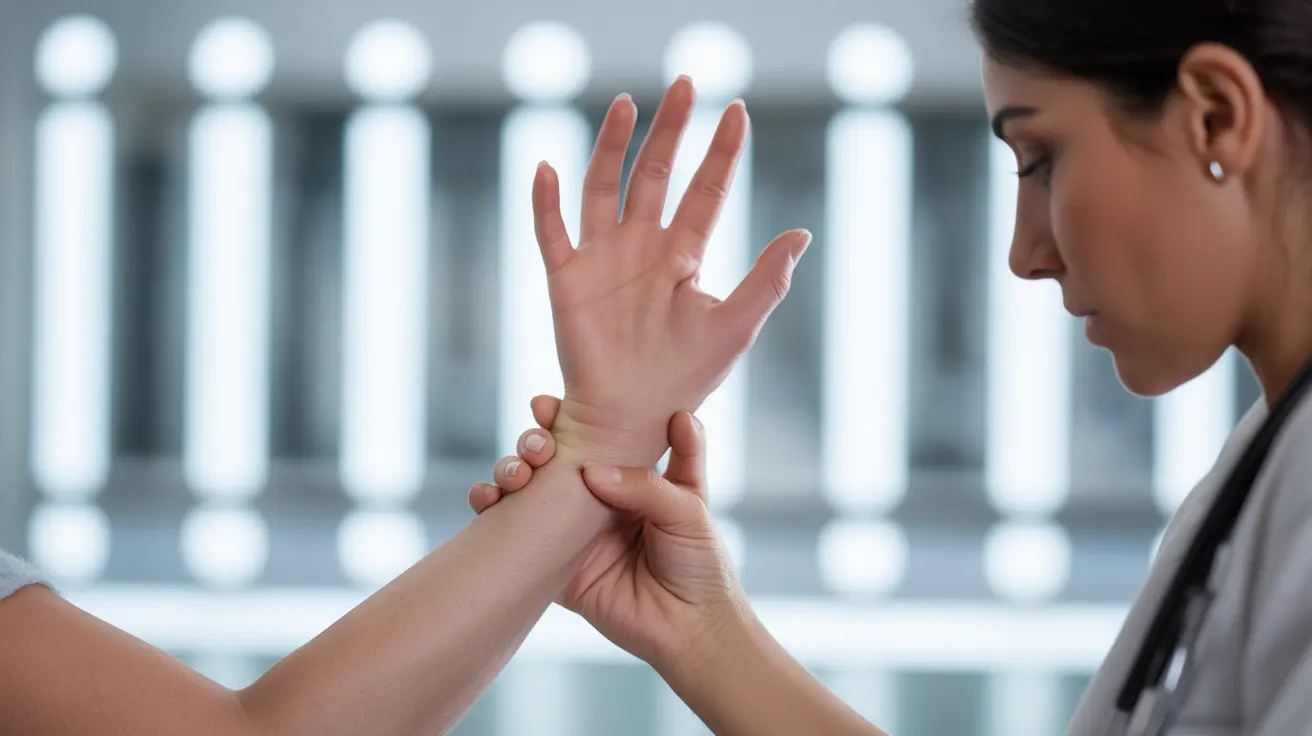 Detailed illustration of healthcare professional performing Finkelstein test on patient's hand, thumb inside fist, tilted wrist, bright clinical setting