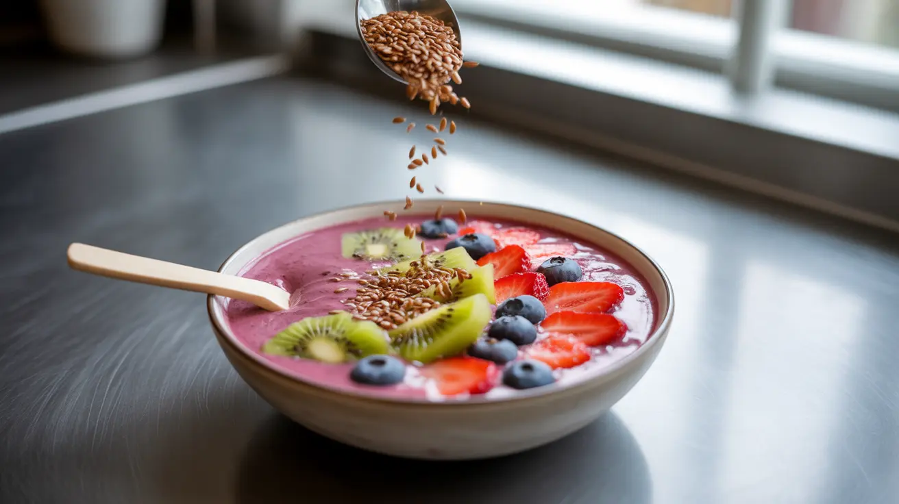 Flax seeds being sprinkled into a vibrant smoothie bowl with fresh fruits in a modern kitchen setting