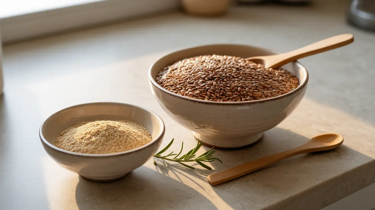 Bowls filled with whole and ground flaxseed on a bright kitchen counter with natural light, highlighting texture and appearance