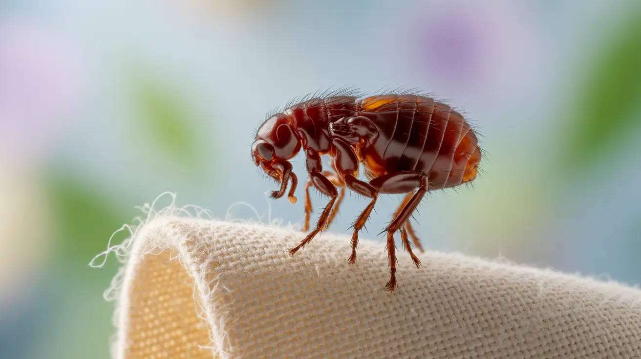 Close-up illustration of flea piercing various fabric types, showing textiles from loose-knit to tightly woven, with focus on flea behavior in a bright, educational atmosphere