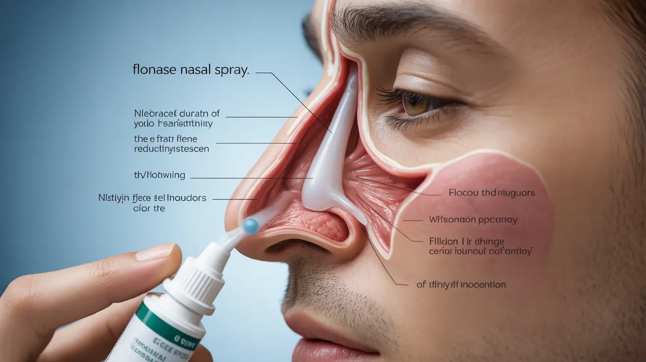 Detailed illustration, cutaway view of human nasal passages with Flonase application, annotations explain steroid effects, clinical style