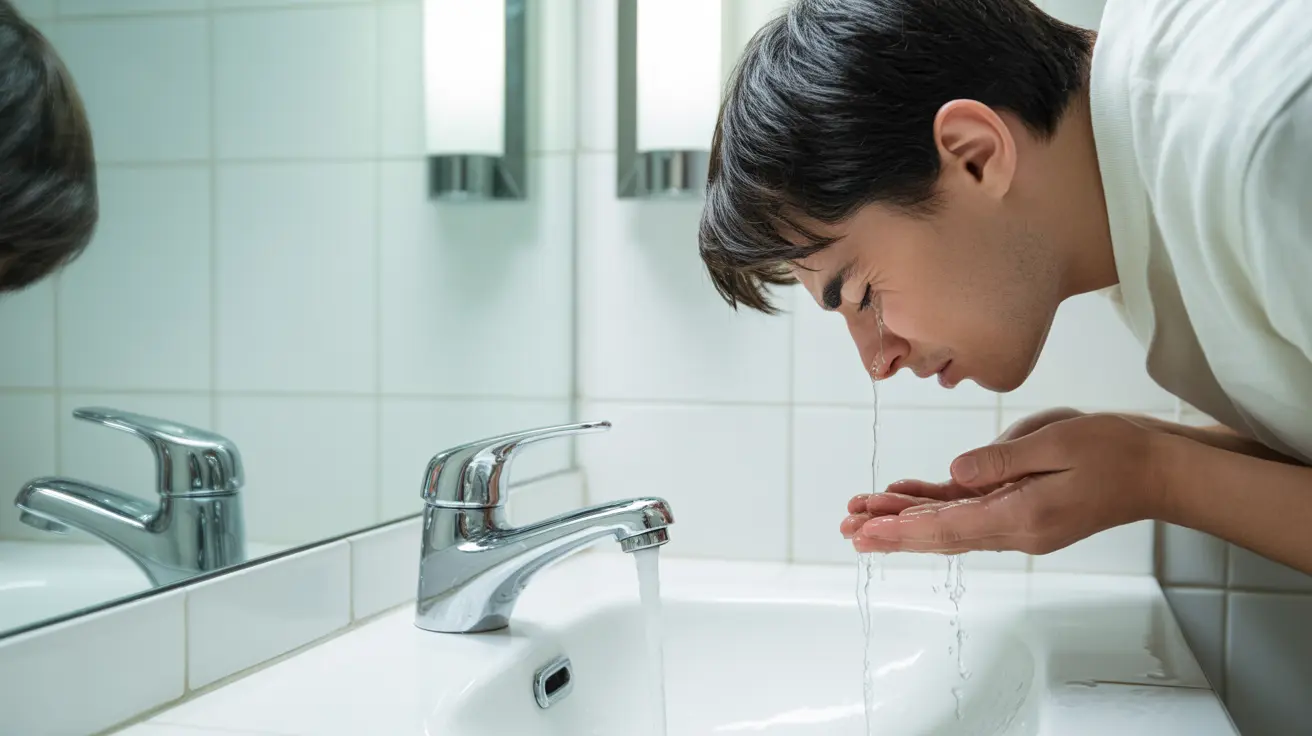 Detailed illustration of a person flushing their eye with cool water at a bathroom sink, showing discomfort in a clean and bright environment.