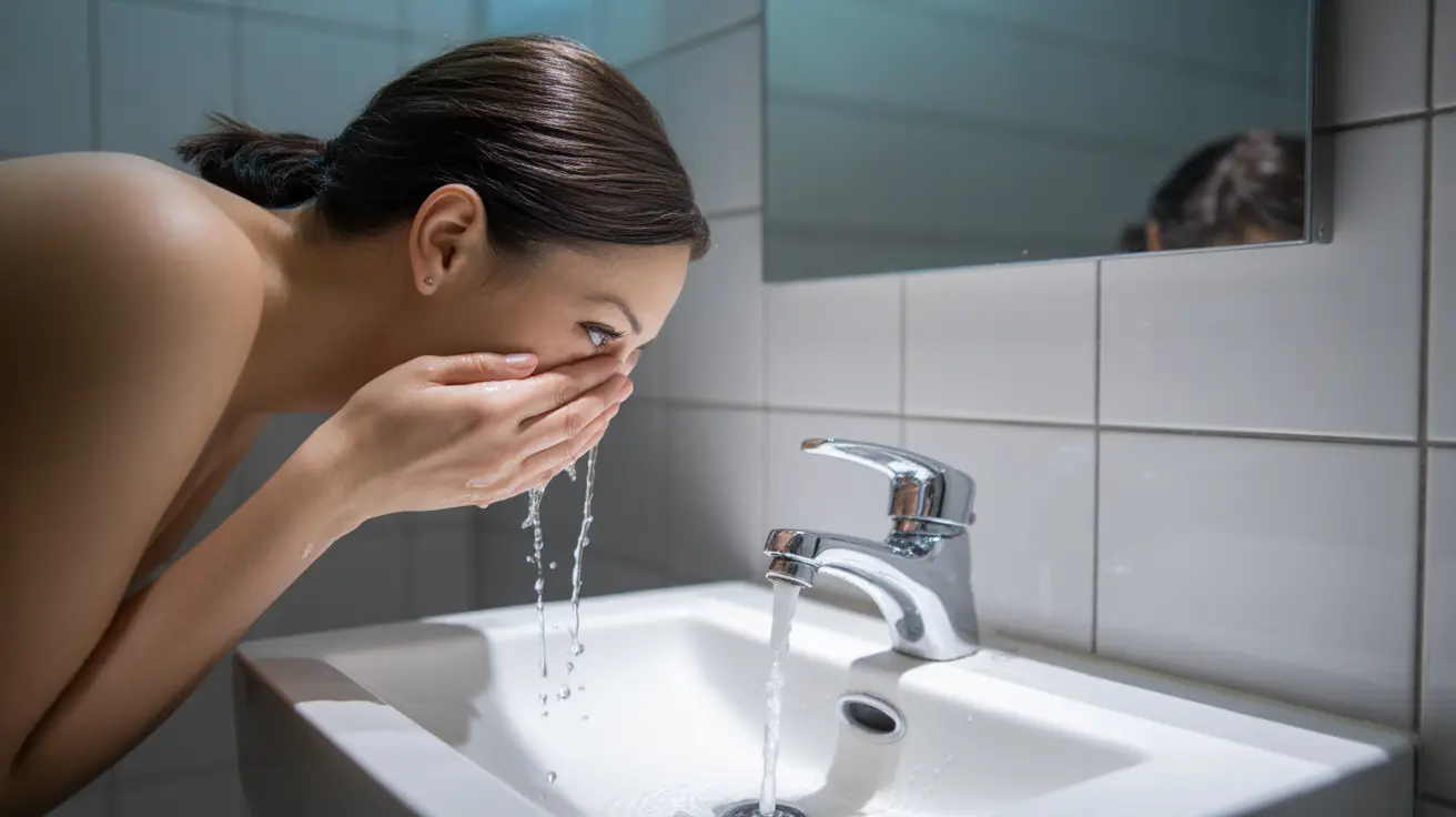 Detailed illustration of a person flushing their eye with clean room-temperature water at a bathroom sink, showing an expression of concern.