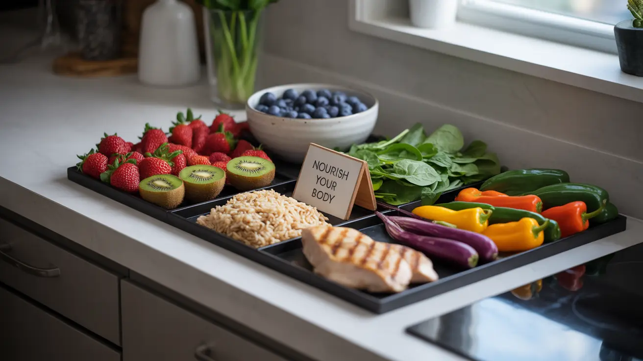 Detailed illustration of a brightly lit modern kitchen countertop featuring a variety of food combinations according to food combining principles.