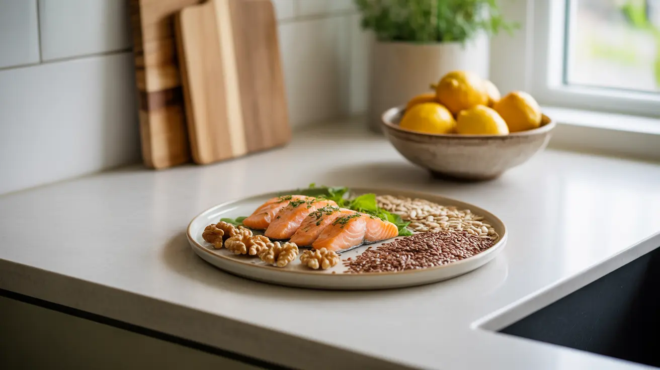 Beautifully arranged plate of foods rich in polyunsaturated fats like fatty fish, flaxseeds, walnuts, and sunflower seeds on a kitchen counter