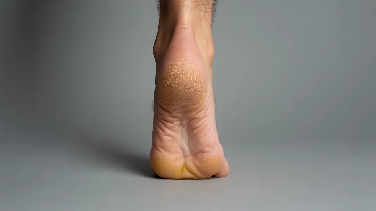 Detailed illustration showing the bottom of a foot with callus formation and yellow discoloration, set against a neutral backdrop.