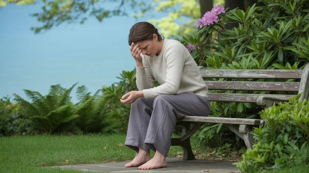 Individual sitting on a bench in a park, rubbing their foot with a pained expression, surrounded by greenery and a clear blue sky.