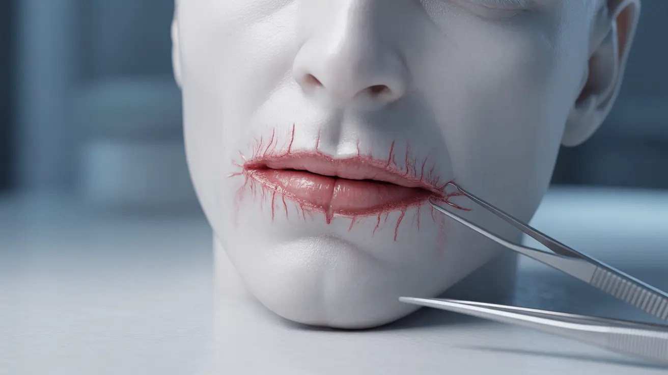 Detailed illustration, close-up view of a human frenulum with a visible tear, set against a clean, white clinical background, highlighting anatomical structure.