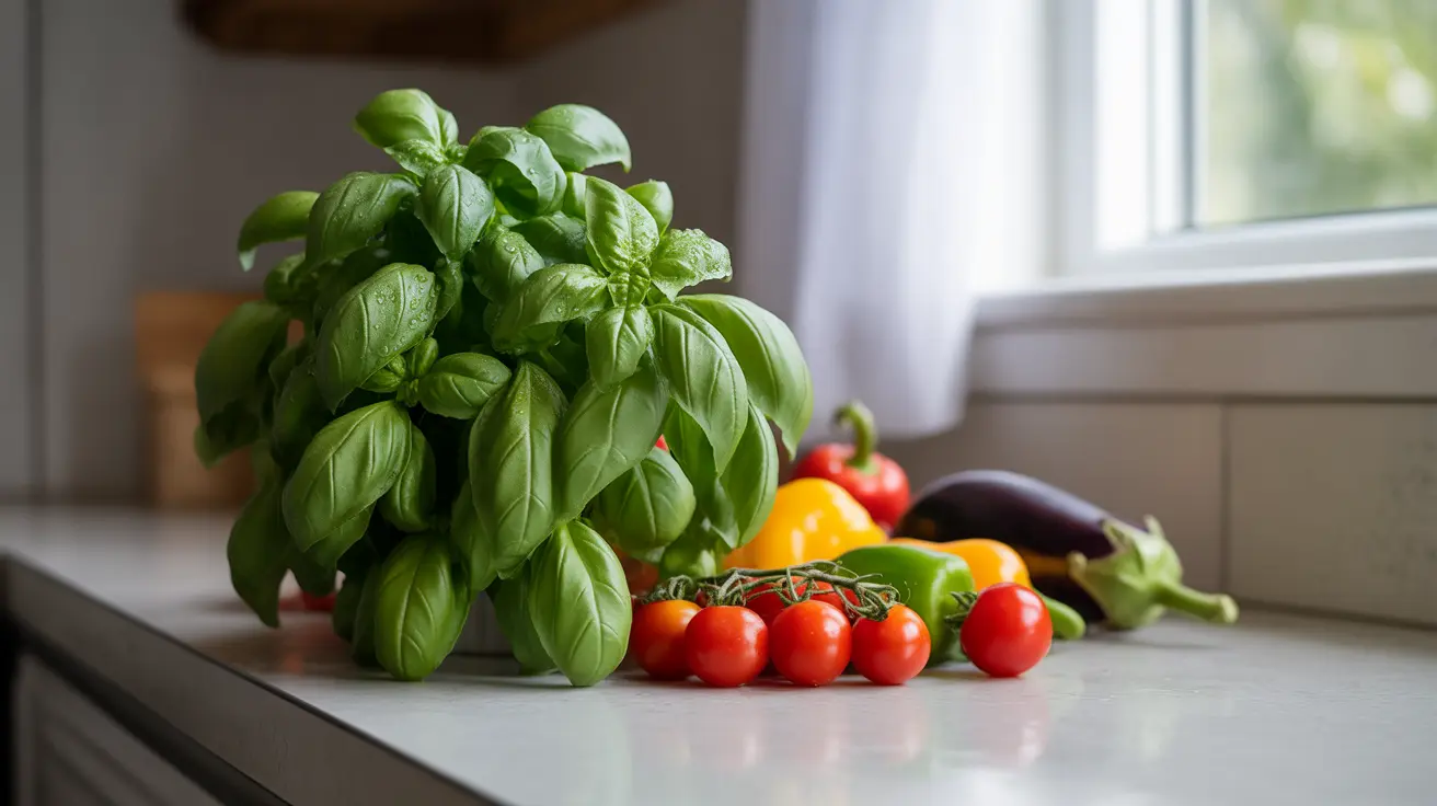 Close-up shot of fresh basil leaves alongside colorful vegetables on a clean kitchen countertop, illuminated by natural daylight