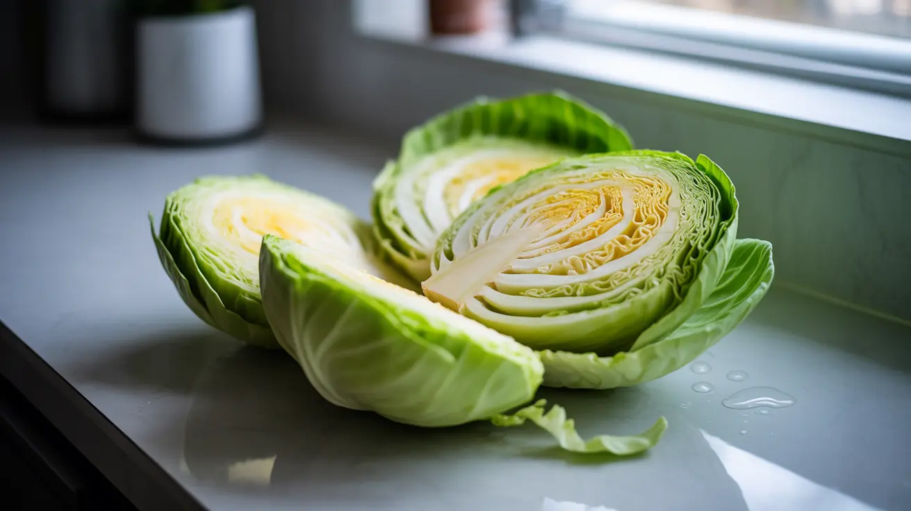 Close-up shot of fresh cabbage sliced and arranged beautifully on a modern kitchen countertop, illuminated by natural daylight
