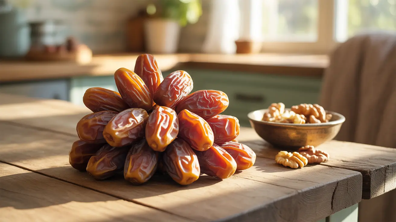 Close-up of fresh dates on a wooden table in a bright kitchen, showcasing their rich texture and natural brown color.